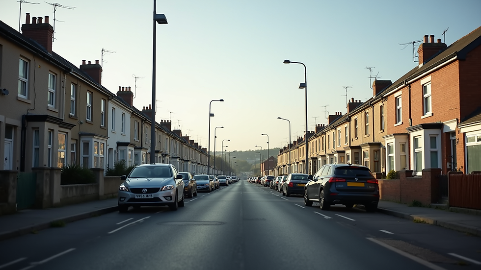 Eye-level view of a residential street in Barry with houses and parked cars