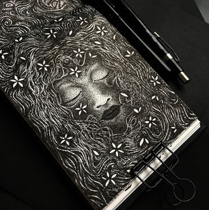 Sketchbook by artist Ruth Rowland. Black and white, ink drawings