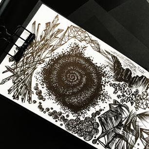 Sketchbook by artist Ruth Rowland. Black and white, ink drawings