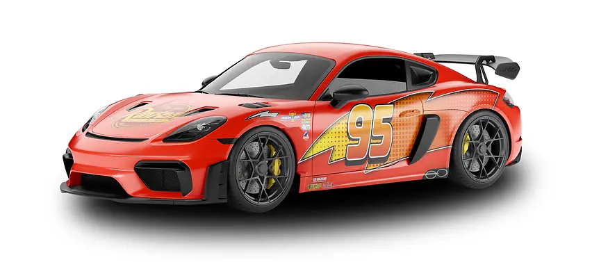 A mockup of a porsche with a lightning mcqueen wrap designed by by goodwin graphics
