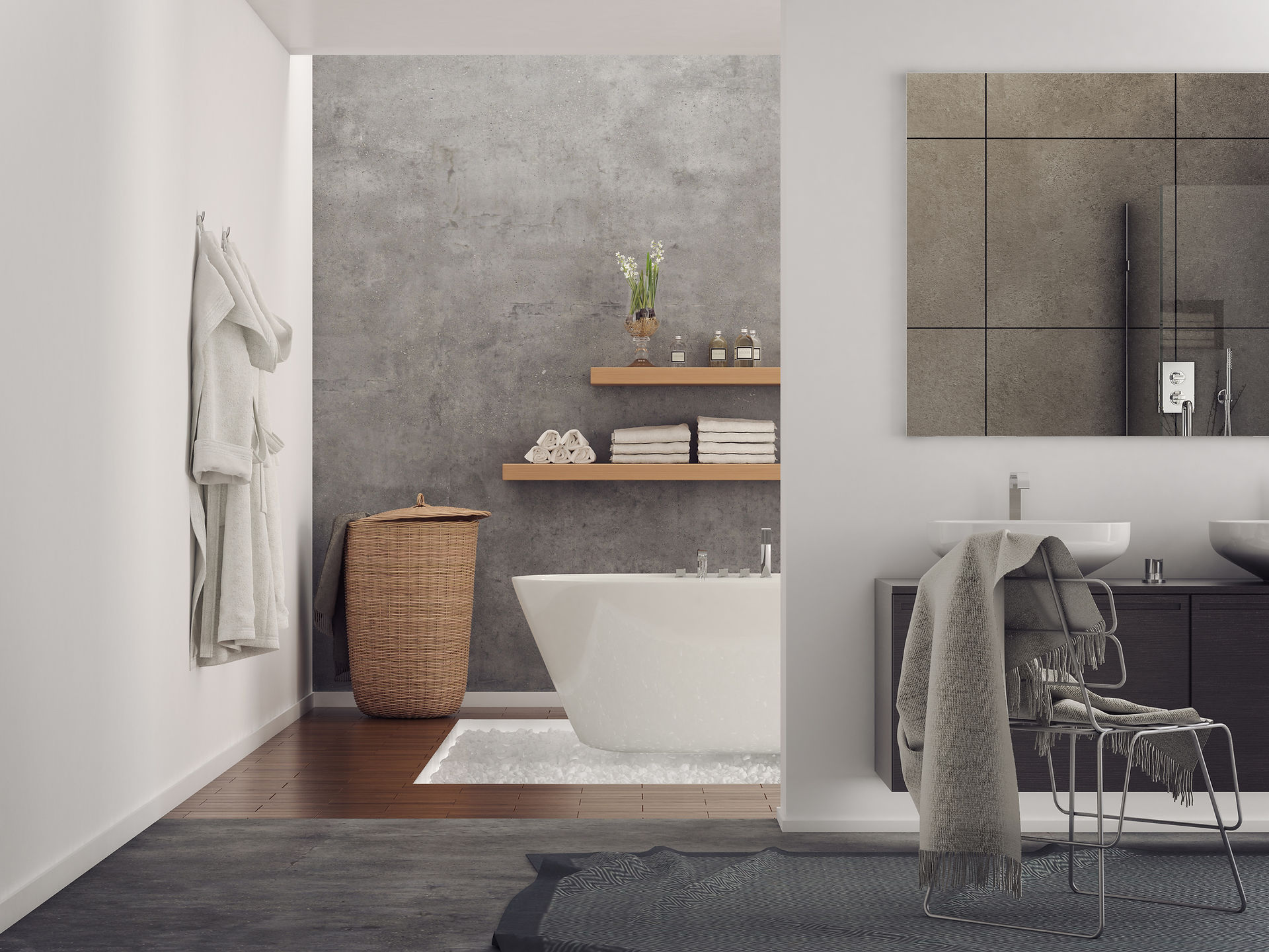 mur et sol en béton dans une salle de bain