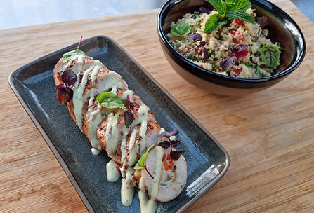 ballotine farcie aux légumes grillés, taboulé, vinaigrette au Curry de Madras