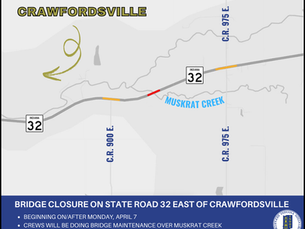 Bridge Closure To Impact State Road 32 East Of Crawfordsville