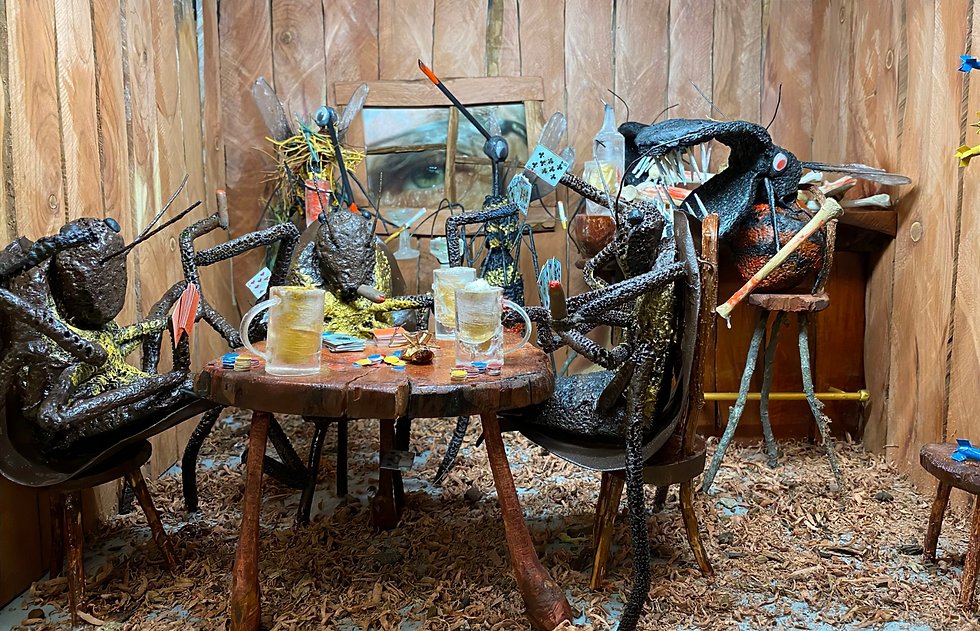 A surreal sculpture of insects playing poker in a rustic cabin setting, evoking bizarre Florida myths and legends.