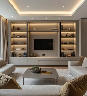 Custom cabinetry by Paveli for kitchen, bathroom, and media units — seamless design integration across modern interiors.
