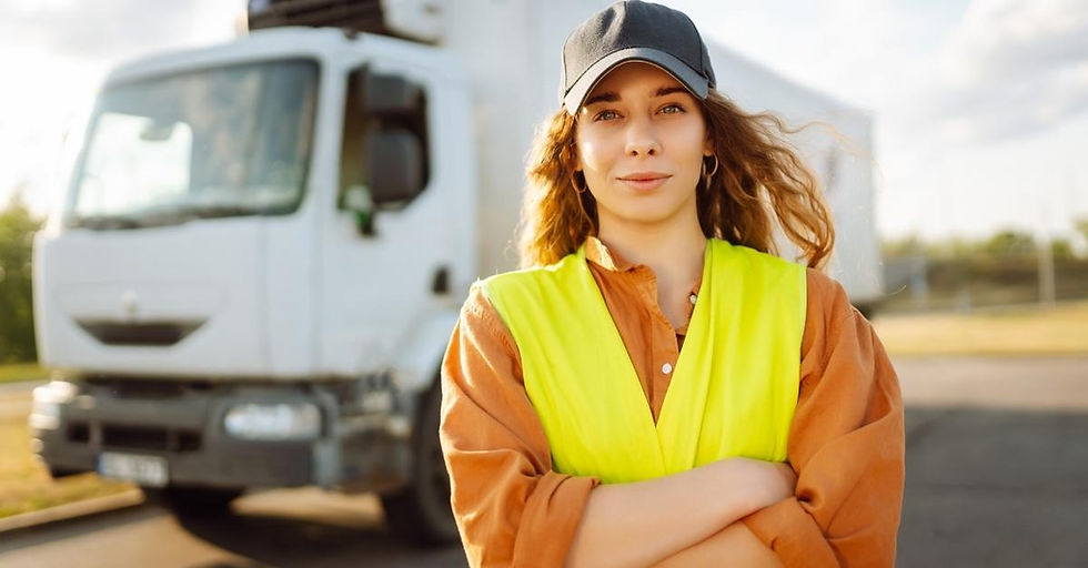 A delivery driver in front of her truck.