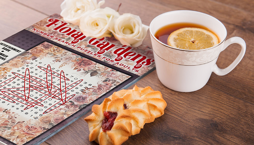 Floral Gardens Number Search Puzzle book beside tea, flowers, and pastries on a wooden table, creating a cozy and relaxing Mother’s Day activity scene.