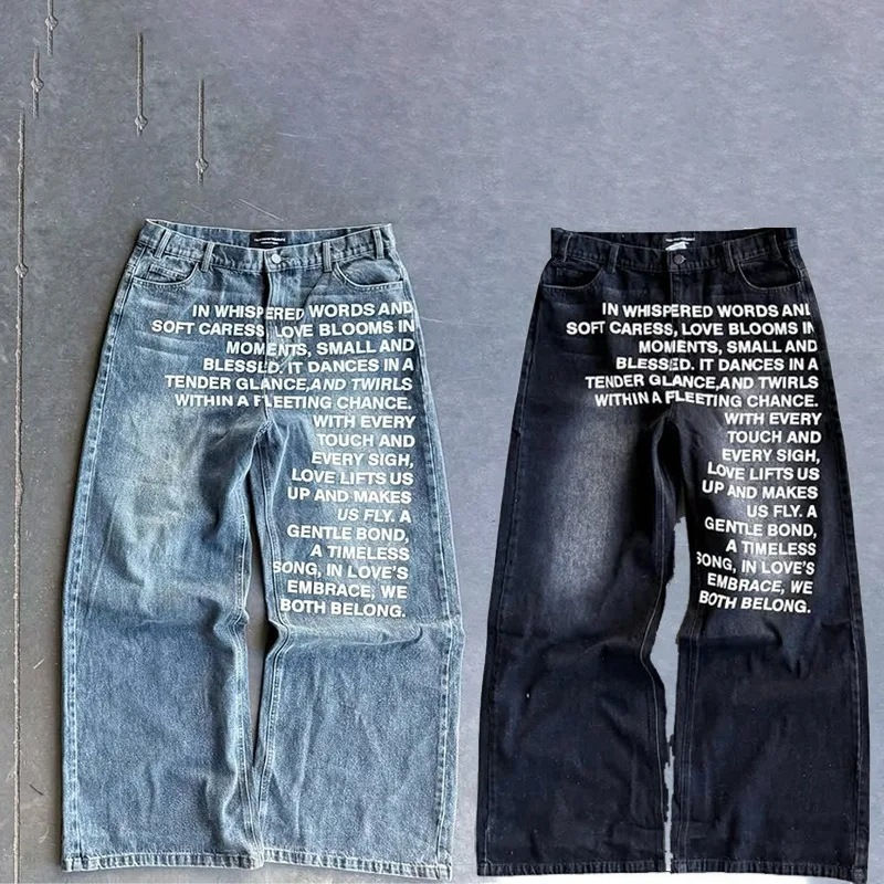 Calça jeans unissex Deeptown Vintage com estampa de letras, estilo Harajuku Y2K,