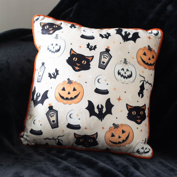 Thumbnail: 35cm Square Spooky Cat and Pumpkin Print Cushion