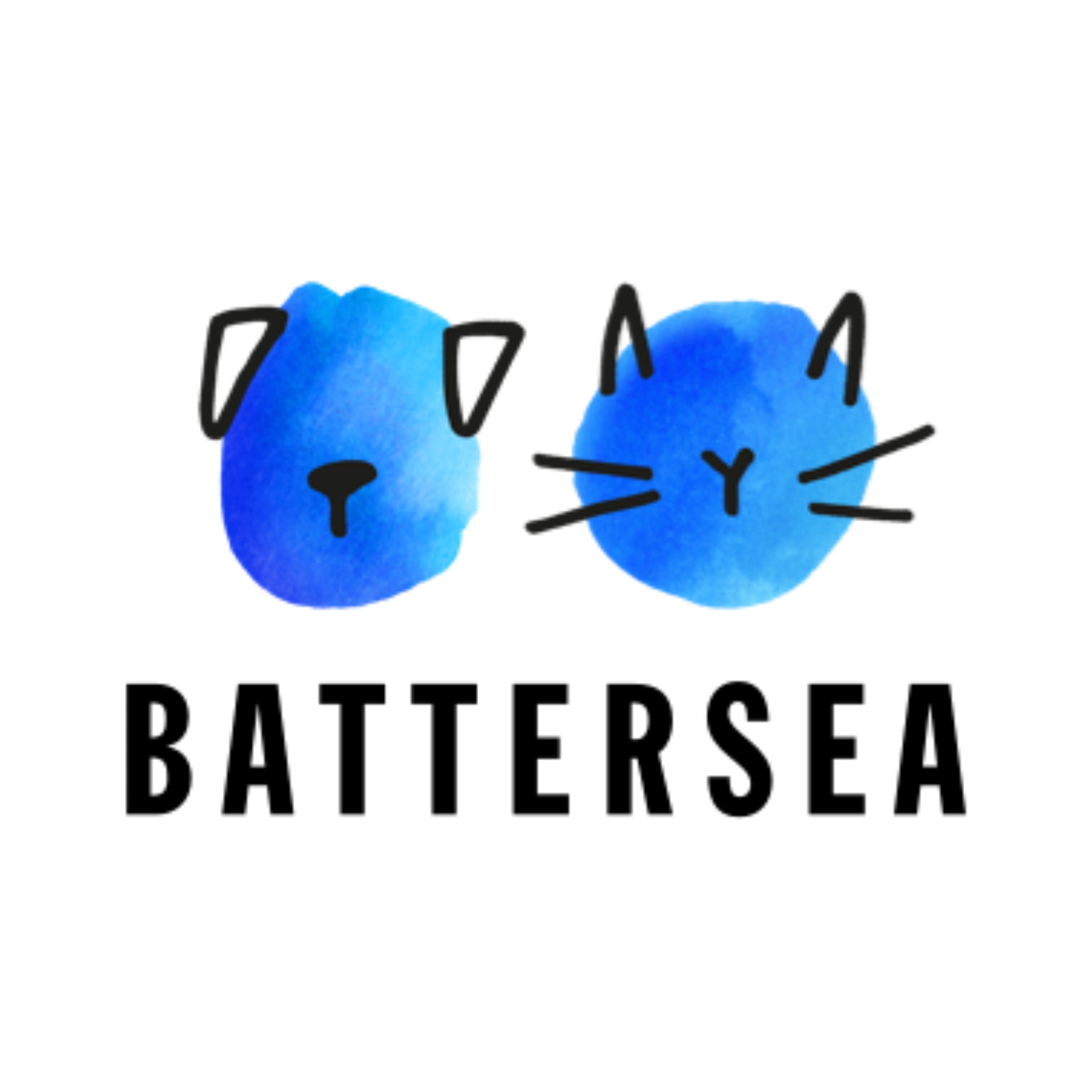 Battersea logo with blue watercolor dog and cat faces