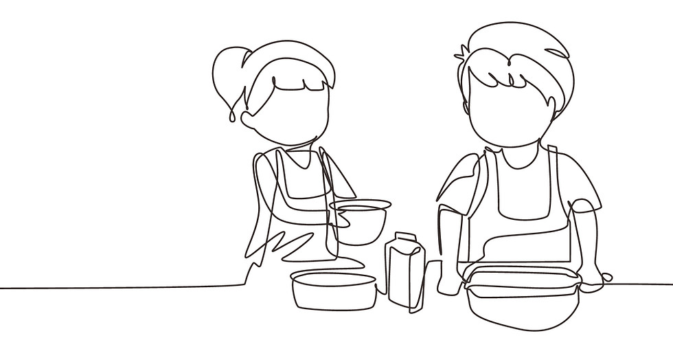 continuous line drawing of Two children baking together with bowls and ingredients Friday Bakes.