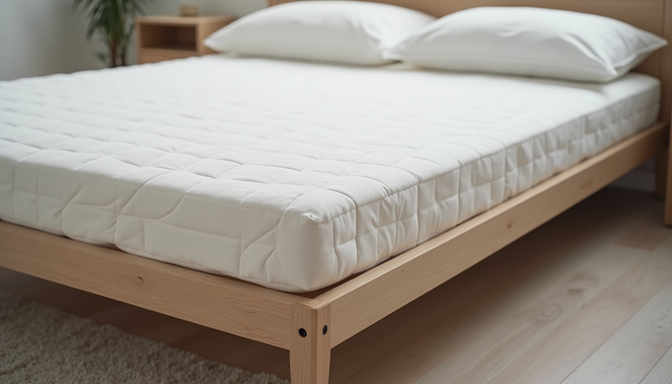 Close-up view of a neatly rotated mattress on a Scandinavian-style bed frame