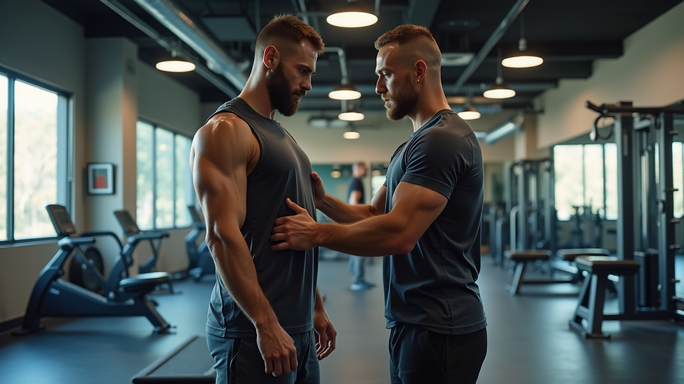 Eye-level view of a personal trainer guiding a client through a workout in a modern gym