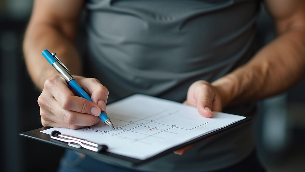 Close-up view of a fitness coach writing a workout plan on a clipboard