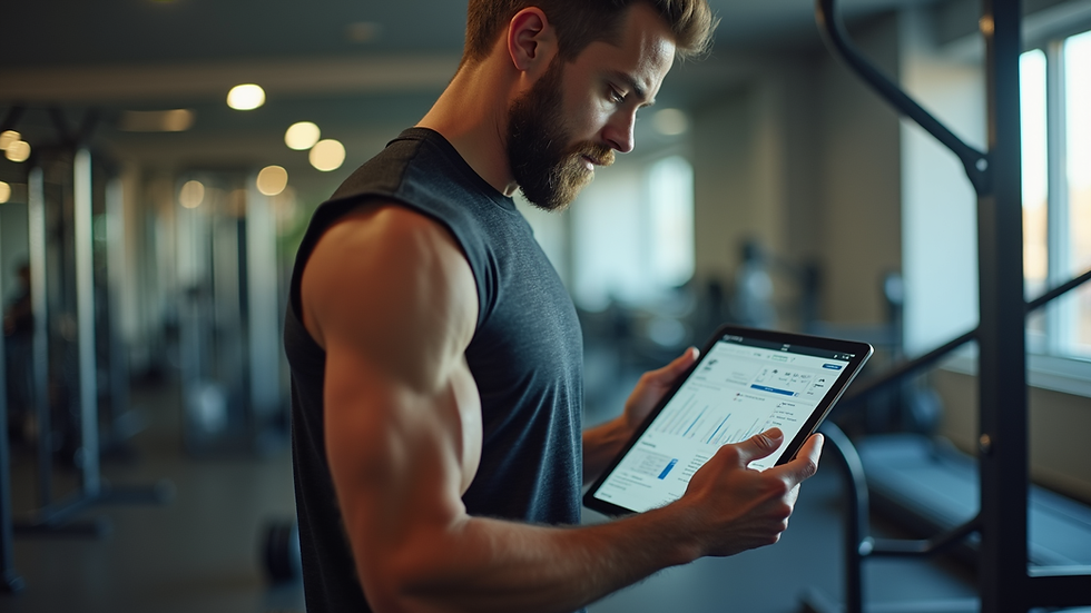 Eye-level view of a personal trainer adjusting a client’s workout plan on a tablet