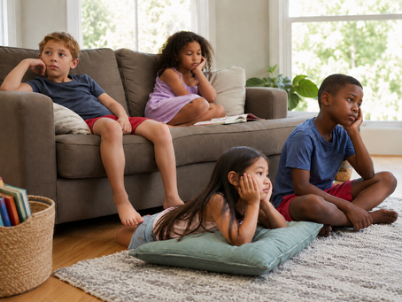 bored kids, 2 sitting on couch and two on the floor