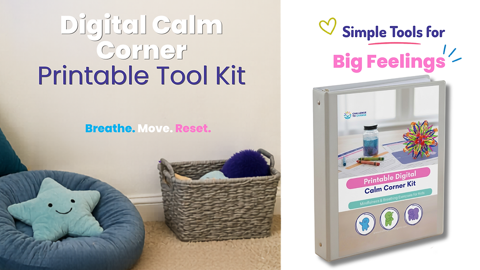 Printable digital calm corner toolkit for kids featuring a cozy space with a floor cushion, basket of sensory toys, and a binder of mindfulness and breathing activities for managing big emotions