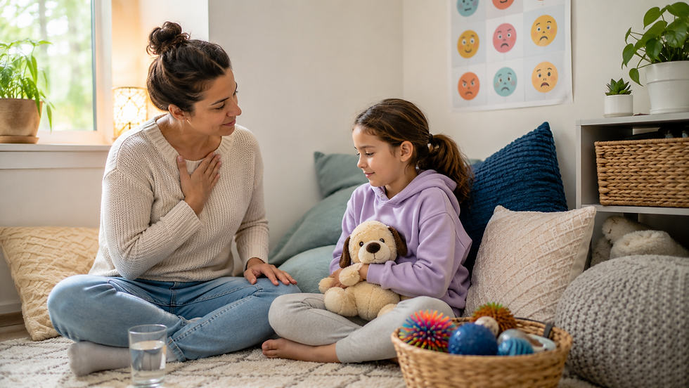 An adult caregiver and young child sit together in a cozy calm corner with pillows, sensory tools, a stuffed animal, water, and an emotion chart, creating a safe space for the child to calm down after a meltdown.