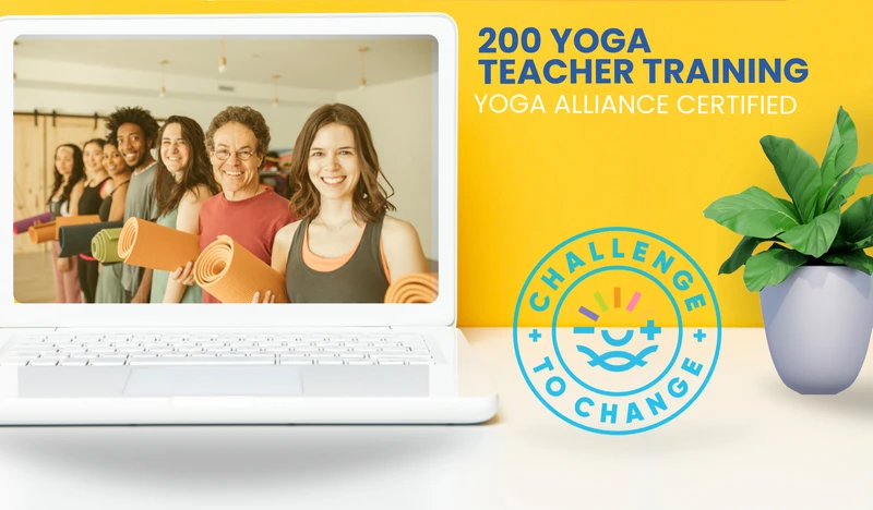 Laptop on a desk with yellow background displaying the Challenge to Change Certificate Program welcome screen, next to a coffee cup and notebook