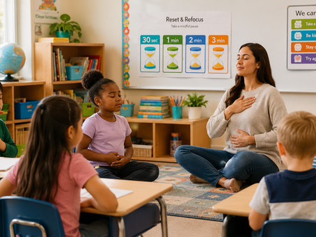 Teacher leading students in a mindful classroom reset using breathing and stretching while a Reset Timer poster is displayed in the classroom.