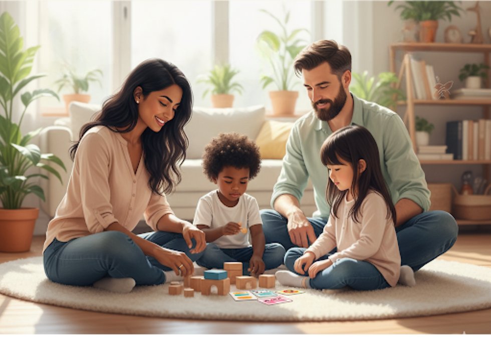 Diverse family playing with blocks and cards together in the living room on a rug on the floor. Mom, son, dad, and daughter.