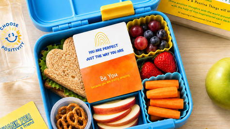 Open blue lunch box filled with a sandwich, fruit, carrots, pretzels, and a Think Positive card for kids that says, “You are perfect just the way you are.” A Think Positive Cards deck and extra encouragement cards sit nearby.