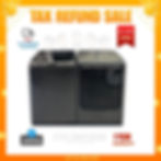 Front view of refurbished Samsung top load washer and dryer set in black stainless steel