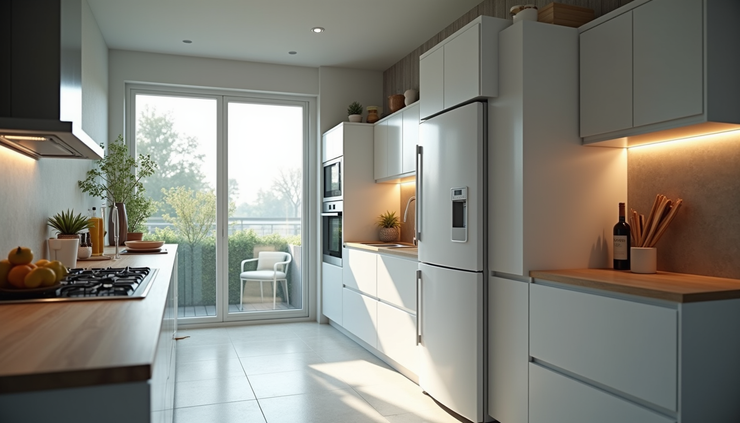High angle view of a modern kitchen with a well-ventilated refrigerator