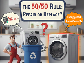 A humorous illustration of the 50/50 rule showing an old washing machine in a recycling bin next to a new unit from Five Brothers Appliances in Austin and Irving.