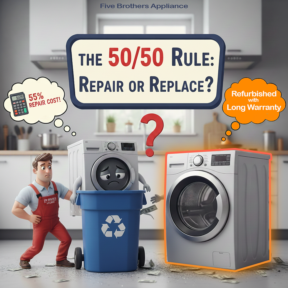 A humorous illustration of the 50/50 rule showing an old washing machine in a recycling bin next to a new unit from Five Brothers Appliances in Austin and Irving.