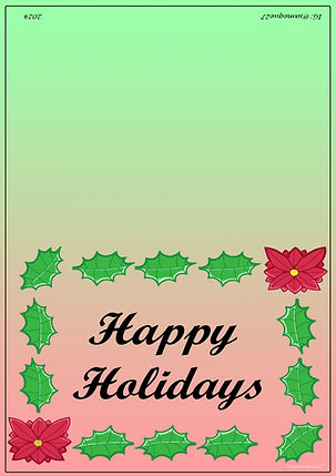 Holiday Card showing two poinsettas and several of its leaves in a square.