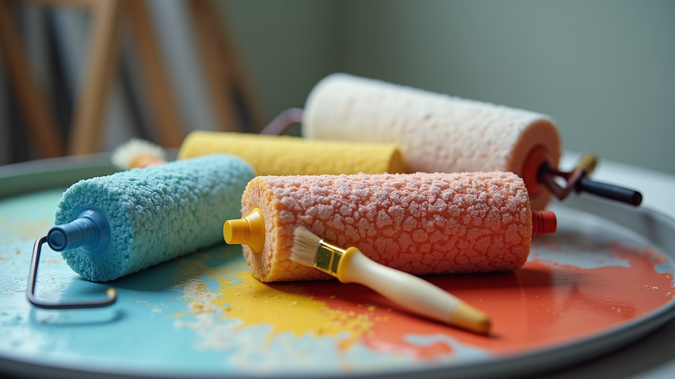 Close-up view of paint rollers and brushes arranged on a painter's tray