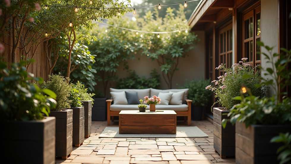 Eye-level view of a cozy garden seating area with decorative planters and string lights