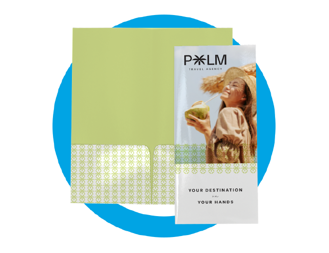 Full color travel folder style ES2 with woman in a straw hat holding a coconut, PALM Travel Agency, and the text Your destination in your hands.