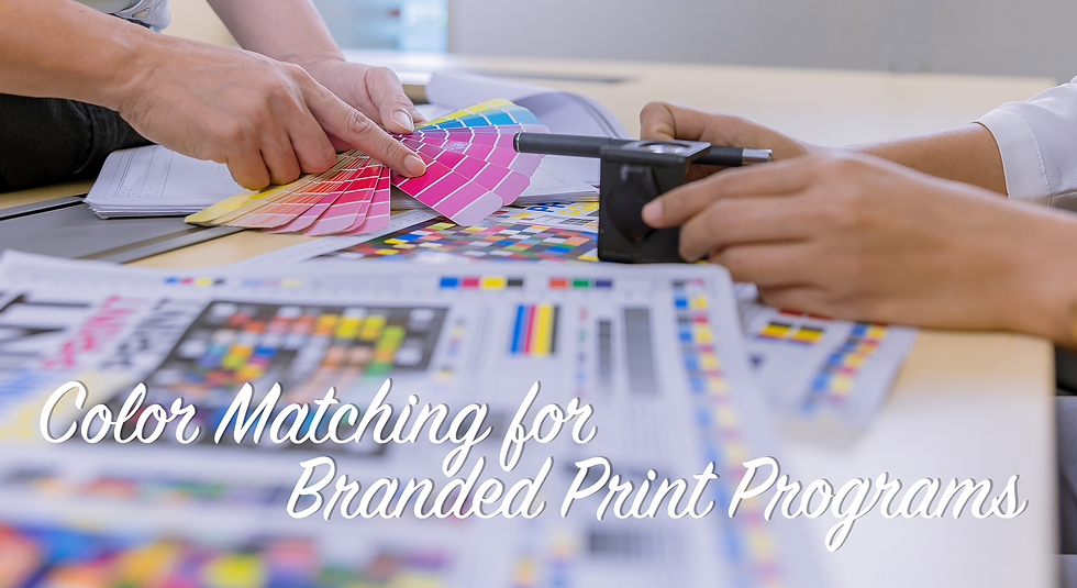 Two hands color matching with swatches and print samples. Text reads "Color Matching for Branded Print Programs." Bright colors present.