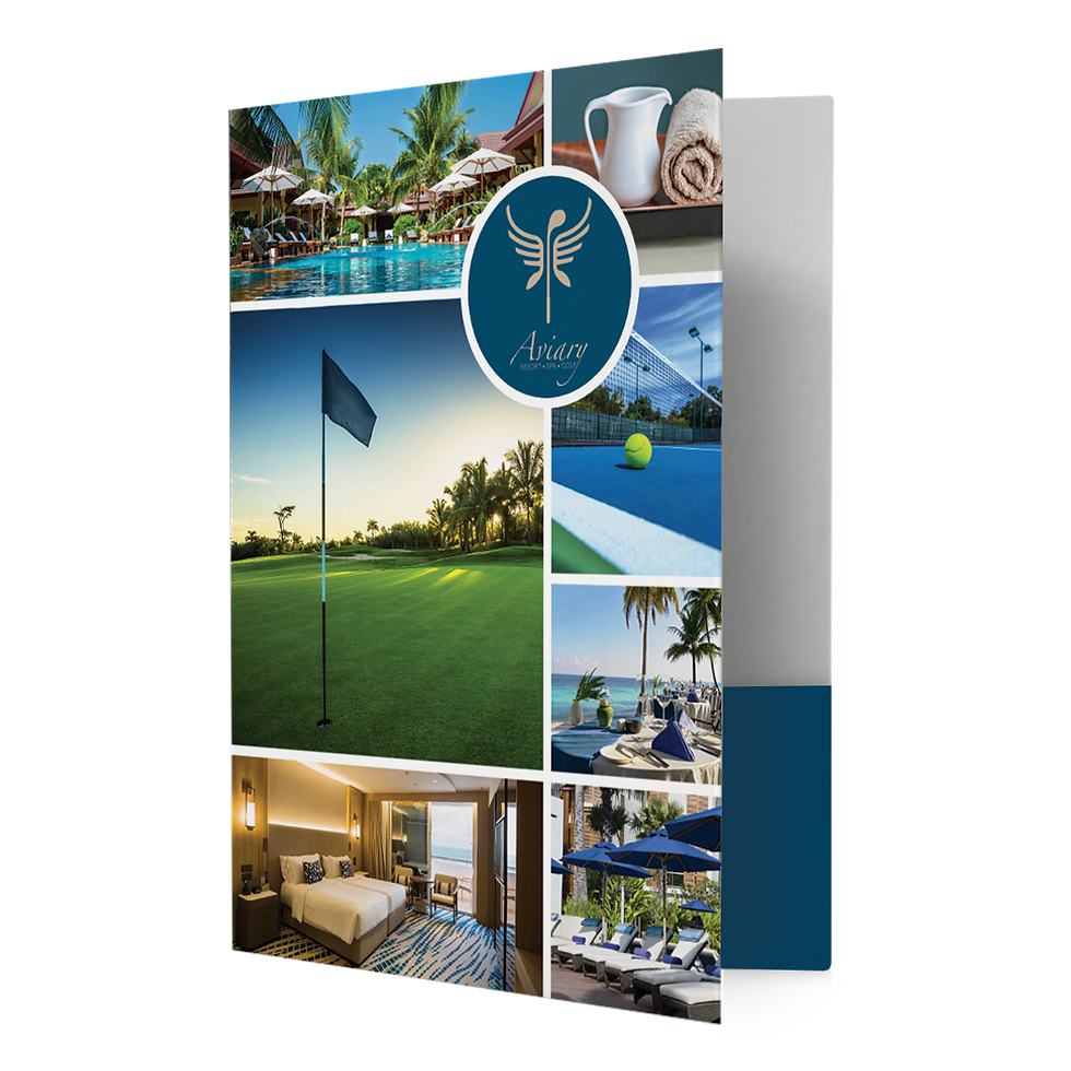 Digital exclusive full color printed presentation folder with Aviary Resort & Spa Golf image collage with pool, golf green, tennis court, beach dining, bedroom, and lounge chairs.