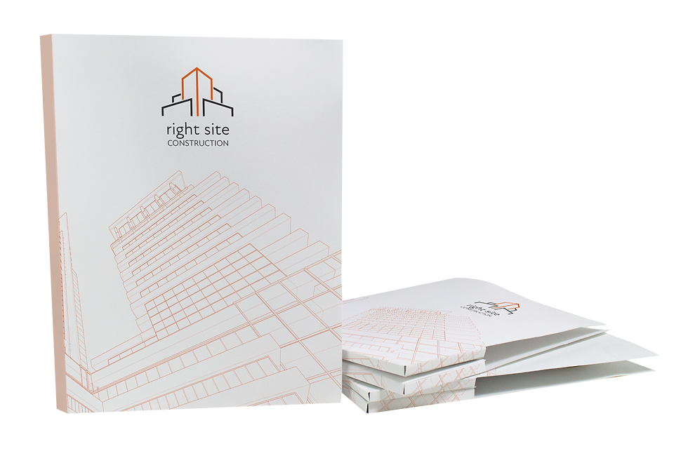 Three Box Pocket construction folders with an orange building logo and "right site construction" text. Features architectural line drawings.