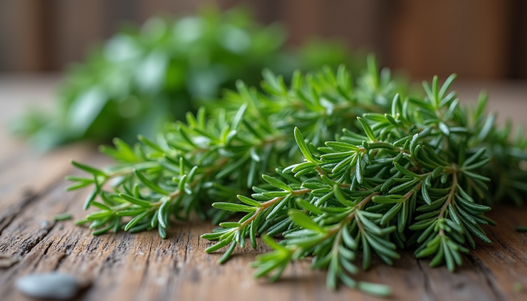 Close-up view of fresh winter herbs including rosemary, thyme, and sage on a wooden table