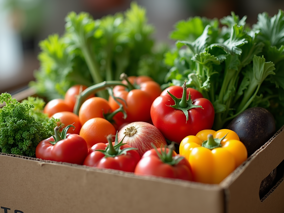 A vibrant assortment of fresh vegetables, including ripe tomatoes, colorful bell peppers, and an assortment of leafy greens, neatly arranged. Perfect for a healthy and delicious meal.