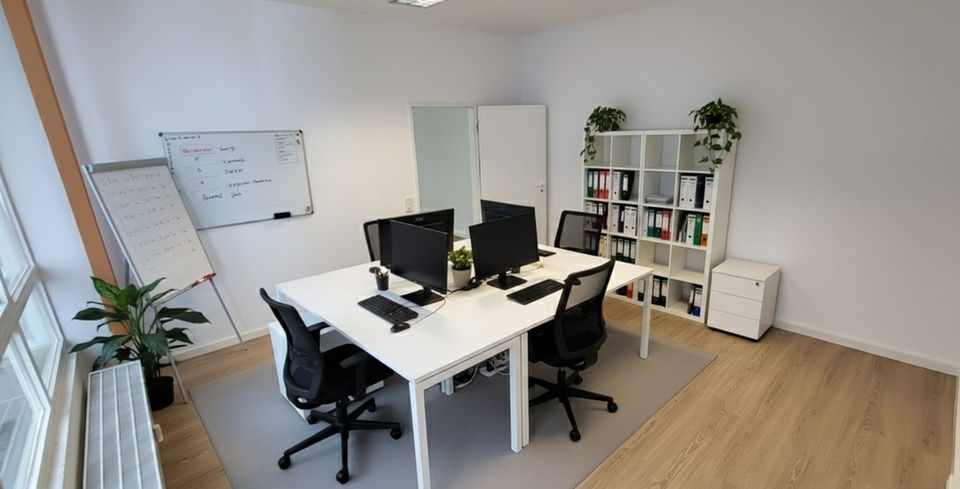 Heller Büroraum mit Computern, Schreibtischen und Whiteboard, Coworking Berlin Mitte.