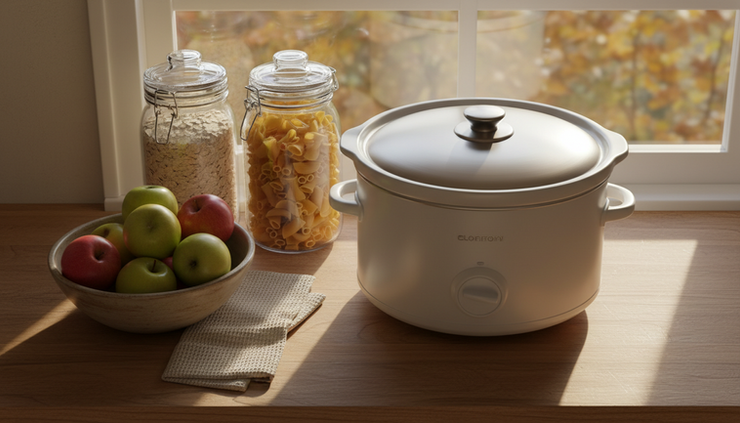 Overhead view of a kitchen counter with pantry staples, apples, and a clean slow cooker.