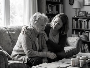 Adult child and elderly parent facing care decisions