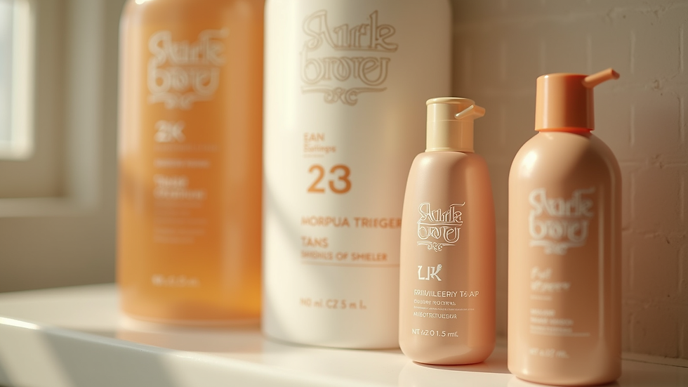 Eye-level view of a bathroom shelf with moisturizing lotions and tan extender products
