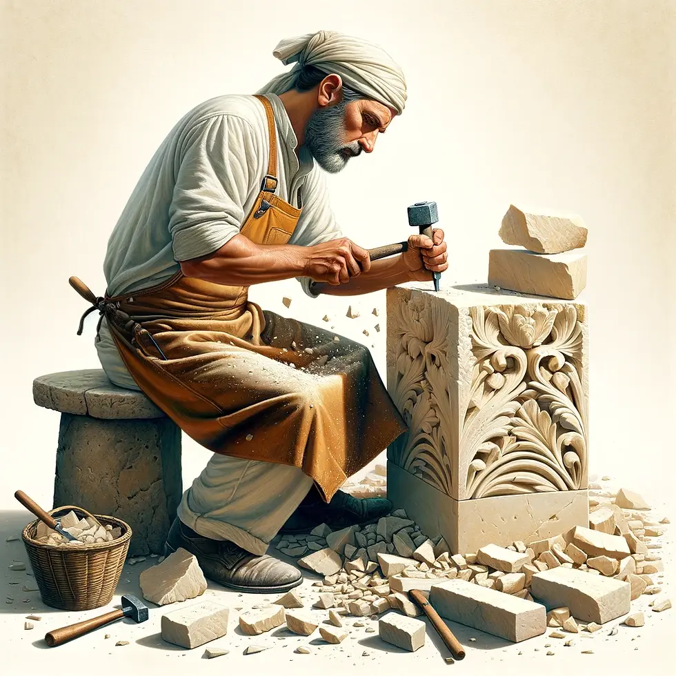 a mason carefully carving a piece of Maltese limestoneson carefully carving a piece of Maltese limestone