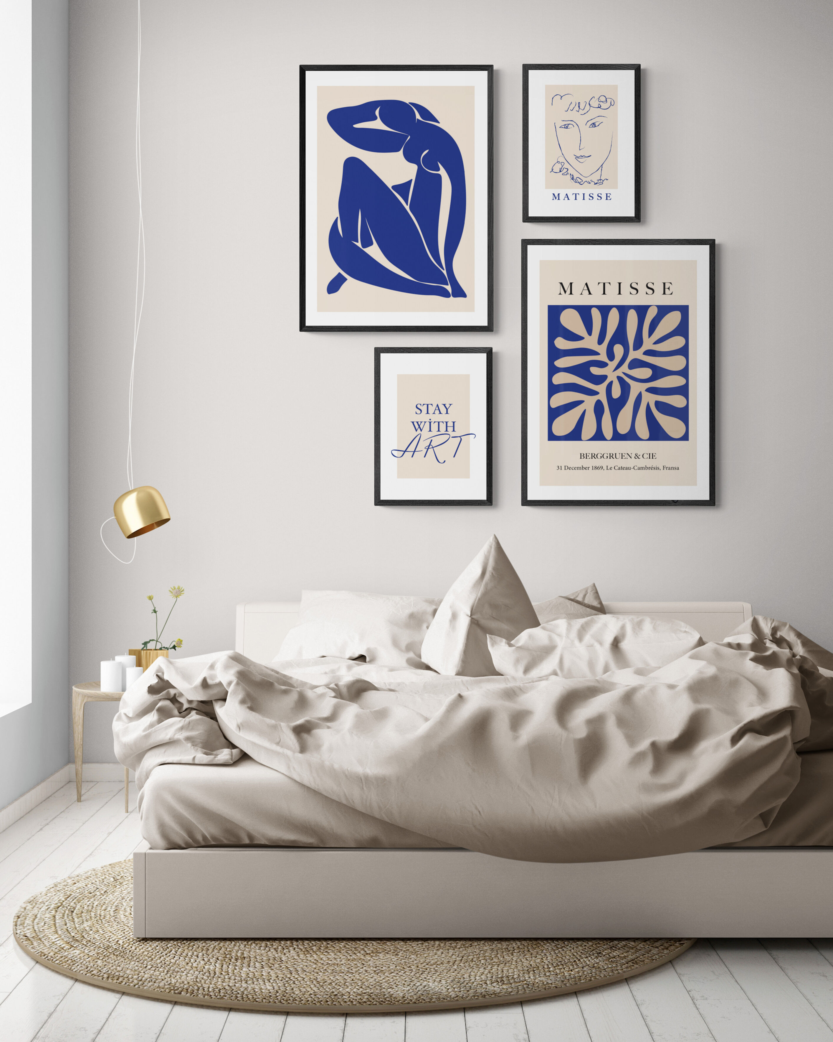 mavi matisse poster seti modern soyut figür portre organik formlar tipografi 4lü duvar dekorasyonu tablo