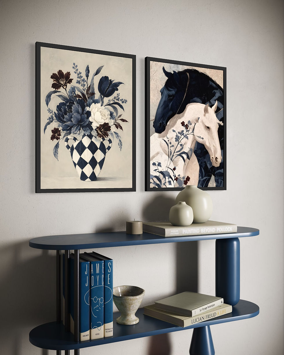 A Pinch of Blue lacivert ve krem tonlarında çiçek aranjmanı ve at figürlerinden oluşan 2'li poster tablo seti