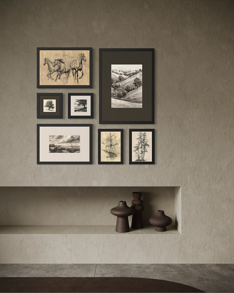 Nature’s Sketches 7’li poster tablo seti duvar kompozisyonu, doğa eskiz temalı çerçeveli posterler