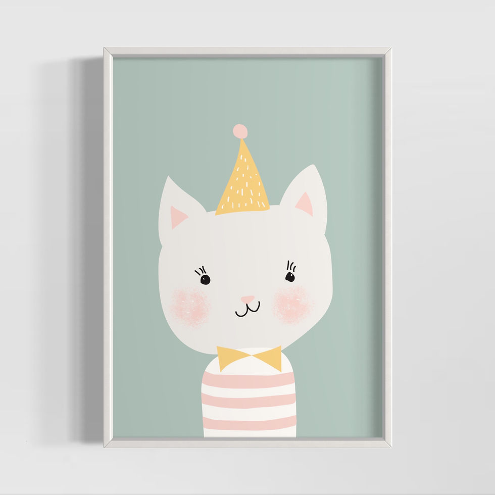 Küçük resim: pastel tonlarda sevimli kedi çocuk odası poster tablo illustrasyon beyaz çerçeveli görünüm