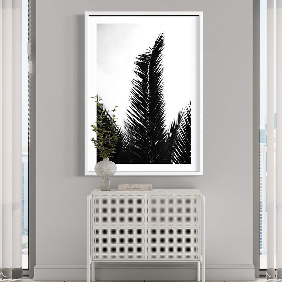 siyah beyaz palmiye yaprak poster tablo minimal tropikal dekor beyaz çerçeveli görünüm