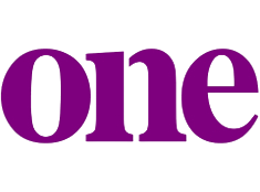Purple text spelling the word One on a black background